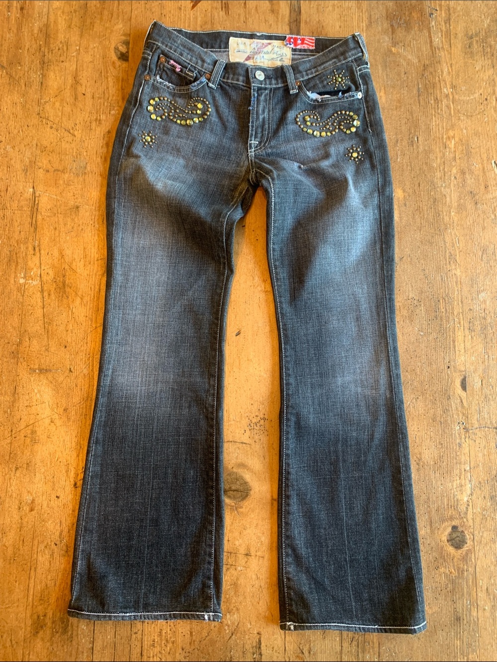 7 For All Mankind Dark Wash Flare Jeans with Gold Stud Embellishment